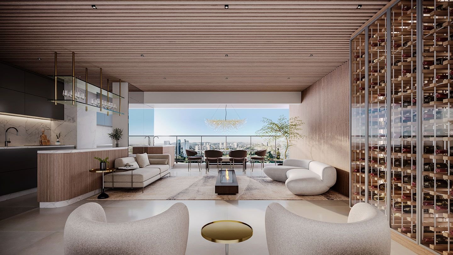 Living do apartamento de 218 m² com varanda e vista para Alphaville